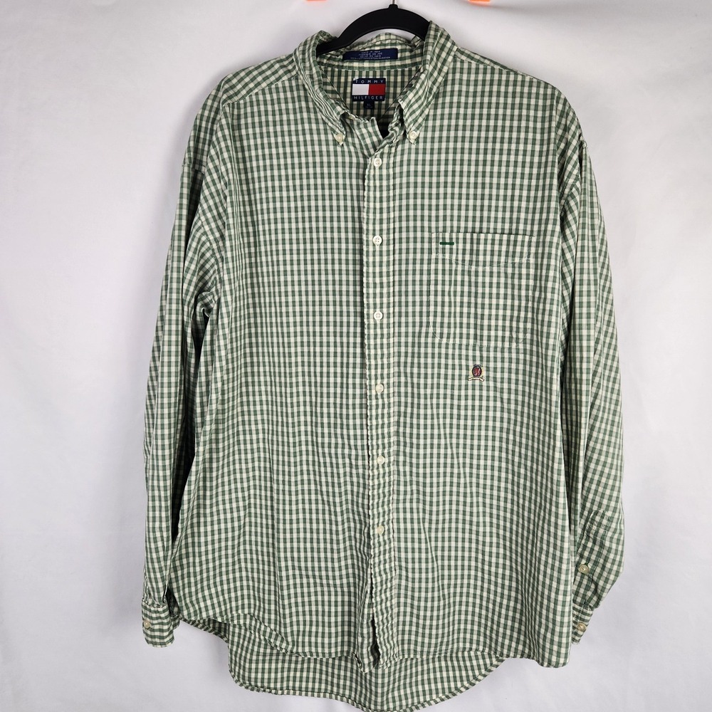 Tommy Hilfiger Men's XL Green Grid/Check Long Sleeve Button Up Shirt 100% Cotton